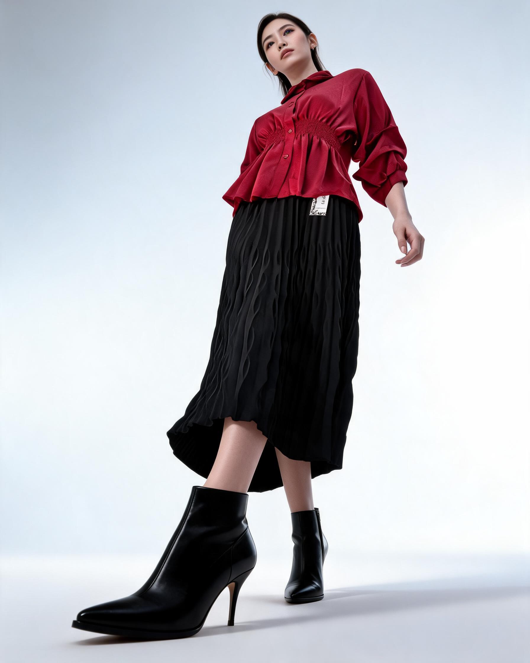 Red Peplum Shirt with Black Midi Skirt