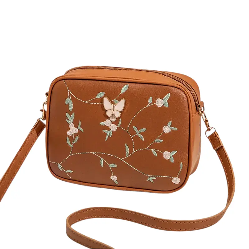 Brown Embroidered Butterfly Crossbody Bag