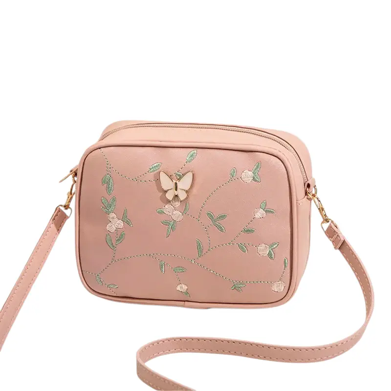 Pink Butterfly Embroidered Crossbody Bag