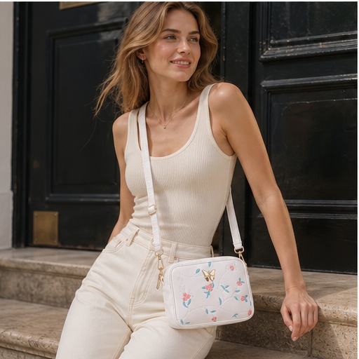 White Embroidered Butterfly Crossbody Bag