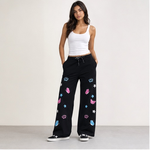 Butterfly Embroidered Wide Leg Pants