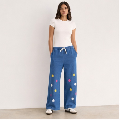 Embroidered Wide Leg Drawstring Pants