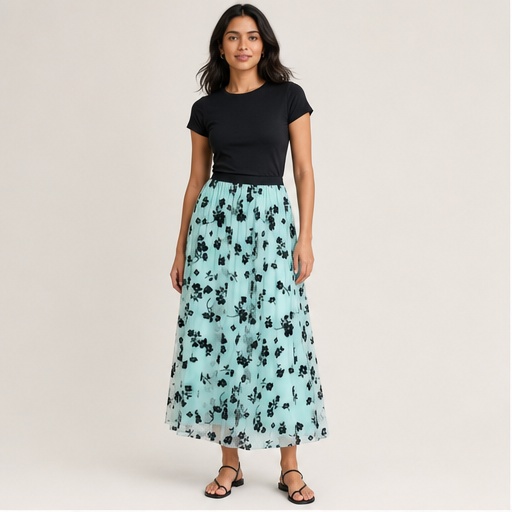 Mint Floral Tulle Maxi Skirt