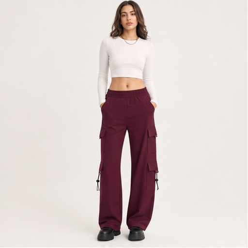 Burgundy Wide-Leg Cargo Pants
