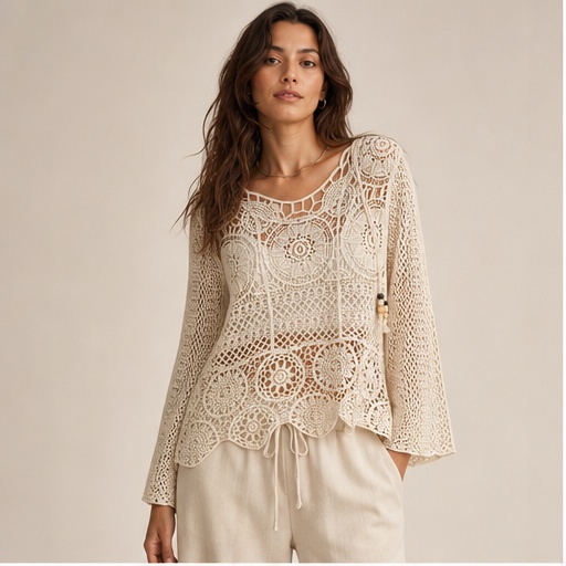 Cream Crochet Lace Long Sleeve Top