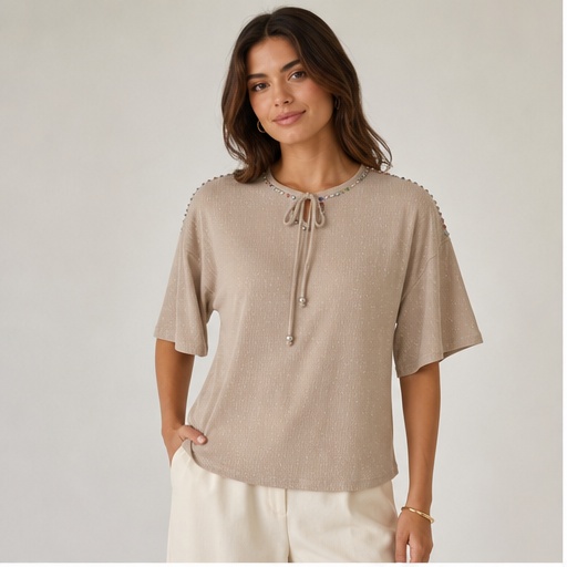 Beige Embellished Tie-Neck Top