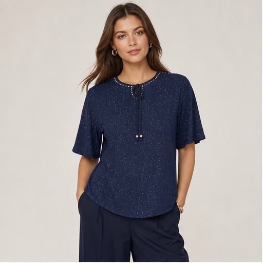 Navy Speckled Tie-Neck Top