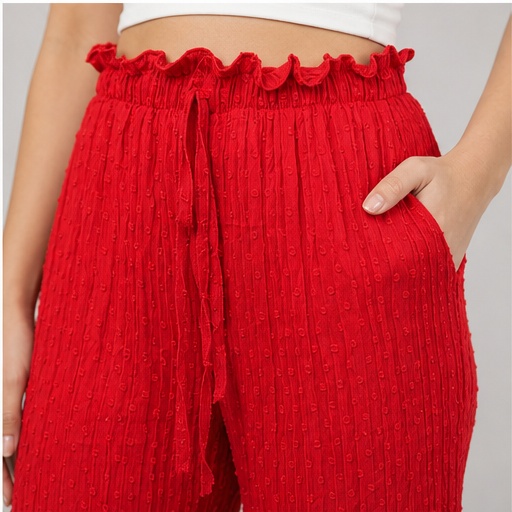 Women's Red Textured Paperbag Waist Pants