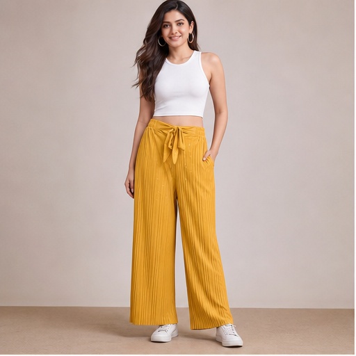 Women's Mustard Pleated Tie-Waist Pants