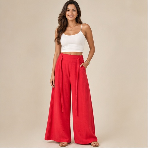 Women Red Elastic Waist Wide Leg Trousers